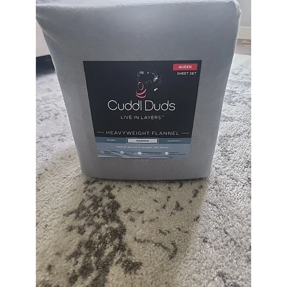 Cuddl Duds Heavyweight Flannel Queen 100% Brushed Cotton Sheet Set Grey Heather